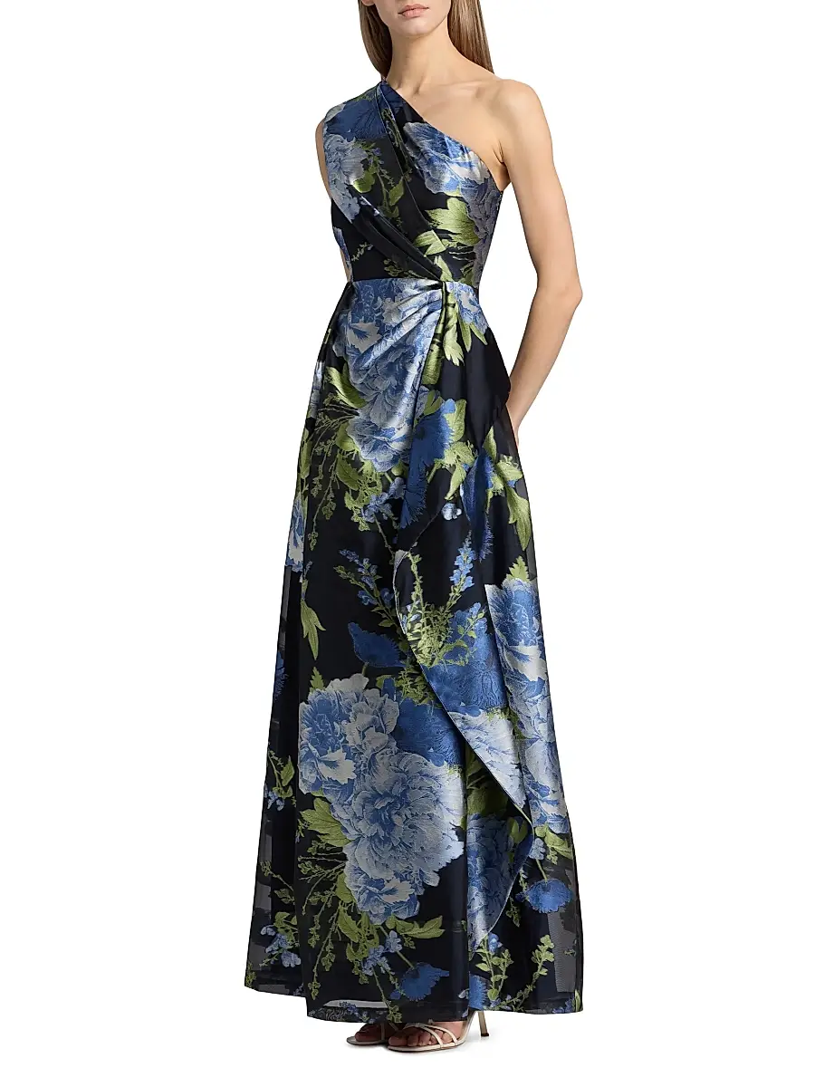 Kay Unger Women's Daisy Floral Jacquard One-Shoulder Gown | Thumbnail 2 Kay Unger Women's Daisy Floral Jacquard One-Shoulder Gown | Thumbnail 2