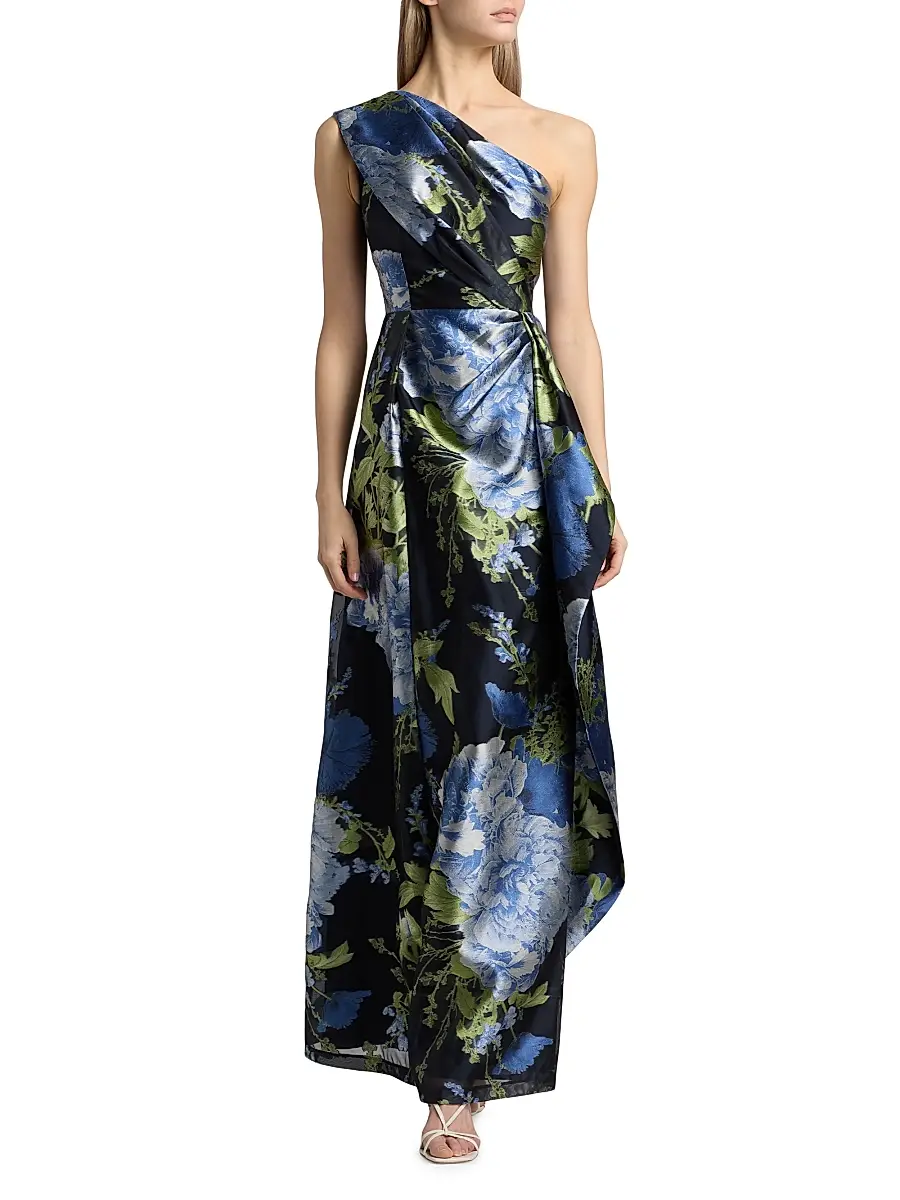 Kay Unger Women's Daisy Floral Jacquard One-Shoulder Gown | Thumbnail 3 Kay Unger Women's Daisy Floral Jacquard One-Shoulder Gown | Thumbnail 3