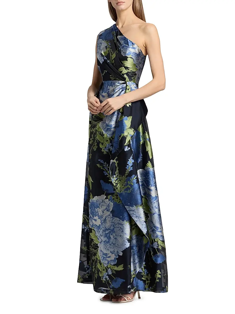 Kay Unger Women's Daisy Floral Jacquard One-Shoulder Gown | Thumbnail 4 Kay Unger Women's Daisy Floral Jacquard One-Shoulder Gown | Thumbnail 4