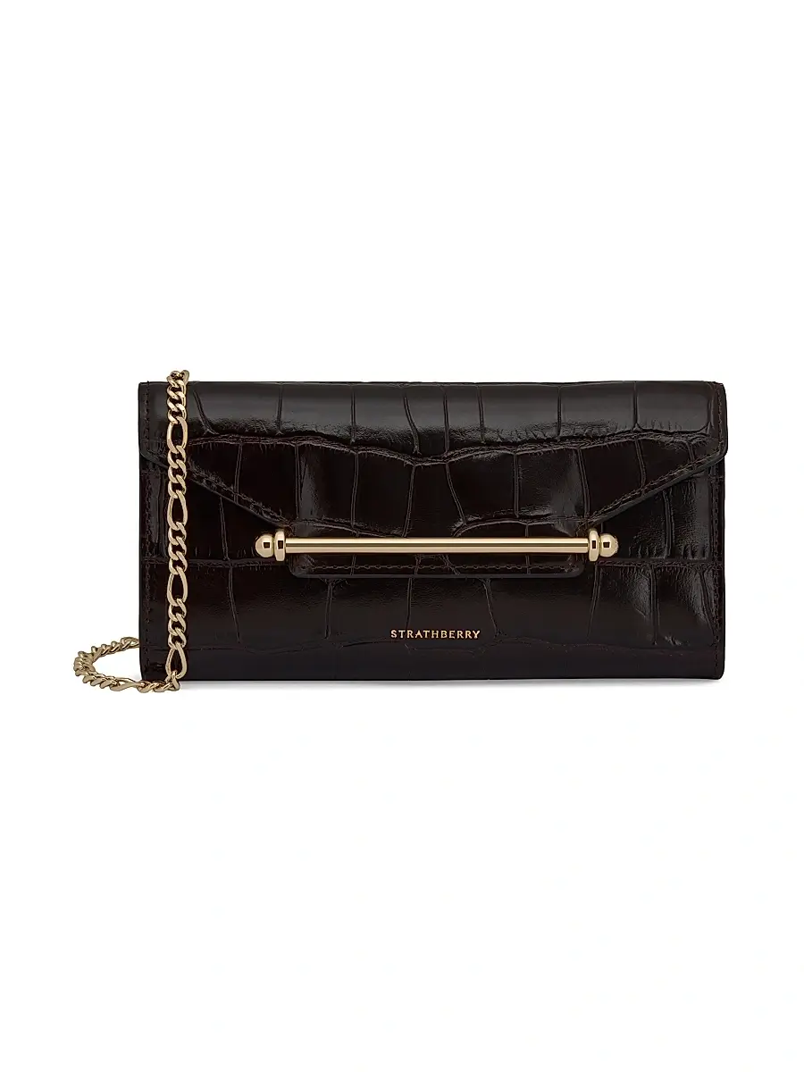 Strathberry Women's Multrees Croc-Embossed Leather Convertible Wallet-On-Chain - Mahogany And Black | Image 1 Strathberry Women's Multrees Croc-Embossed Leather Convertible Wallet-On-Chain - Mahogany And Black | Image 1