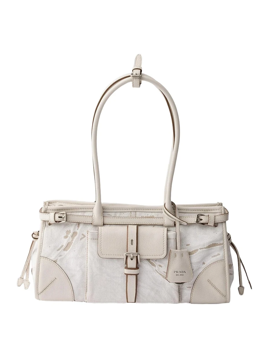 Women's Bonnie Medium Printed Linen and Leather Top Handle Bag Women's Bonnie Medium Printed Linen and Leather Top Handle Bag