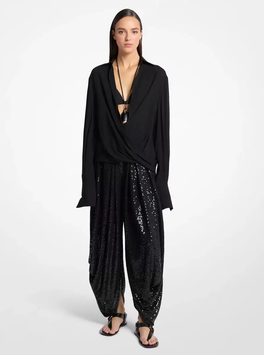 Michael Kors Collection Hand-Embellished Sequin Georgette Jersey Draped Pants in Black | Thumbnail 4