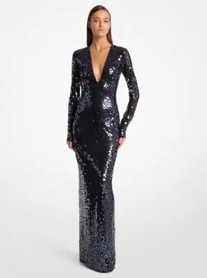 Michael Kors Collection Mirror Embroidered Stretch Tulle V-Neck Gown in Blue | Thumbnail 4 Michael Kors Collection Mirror Embroidered Stretch Tulle V-Neck Gown in Blue | Thumbnail 4