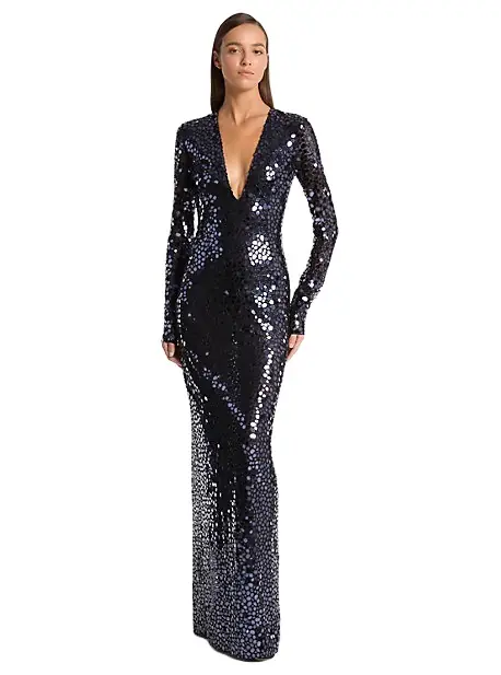 Michael Kors Collection Mirror Embroidered Stretch Tulle V-Neck Gown | Image 1 Michael Kors Collection Mirror Embroidered Stretch Tulle V-Neck Gown | Image 1