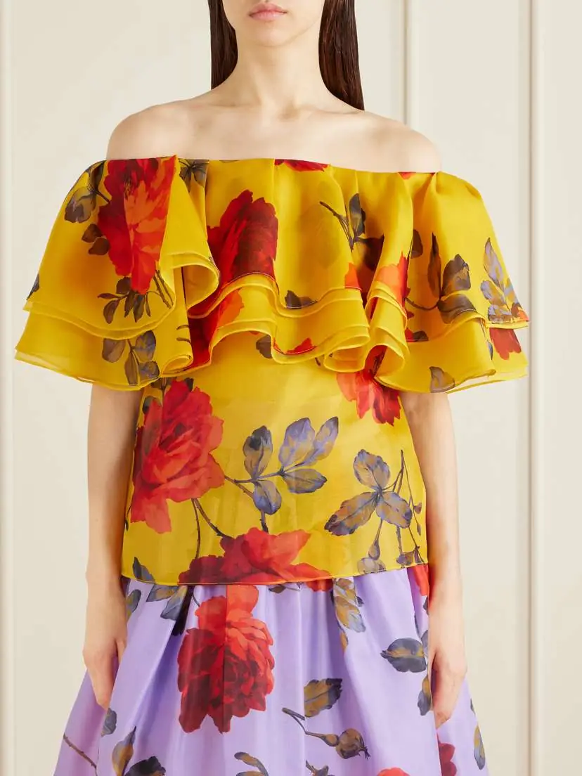 Carolina Herrera Off-the-shoulder Ruffled Floral-print Silk-organza Top | Thumbnail 3