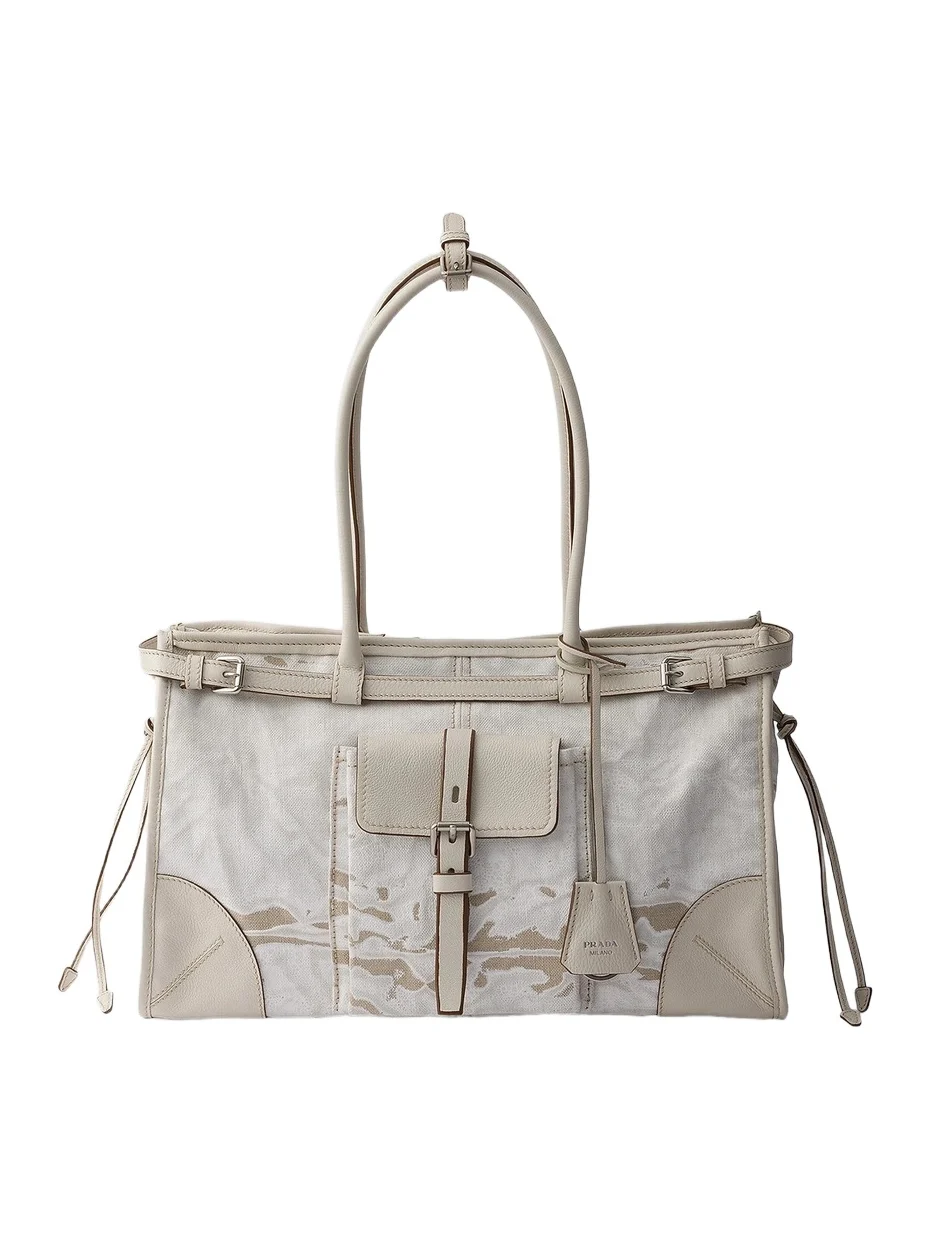 Women's Bonnie Large Printed Linen and Leather Top Handle Bag Women's Bonnie Large Printed Linen and Leather Top Handle Bag