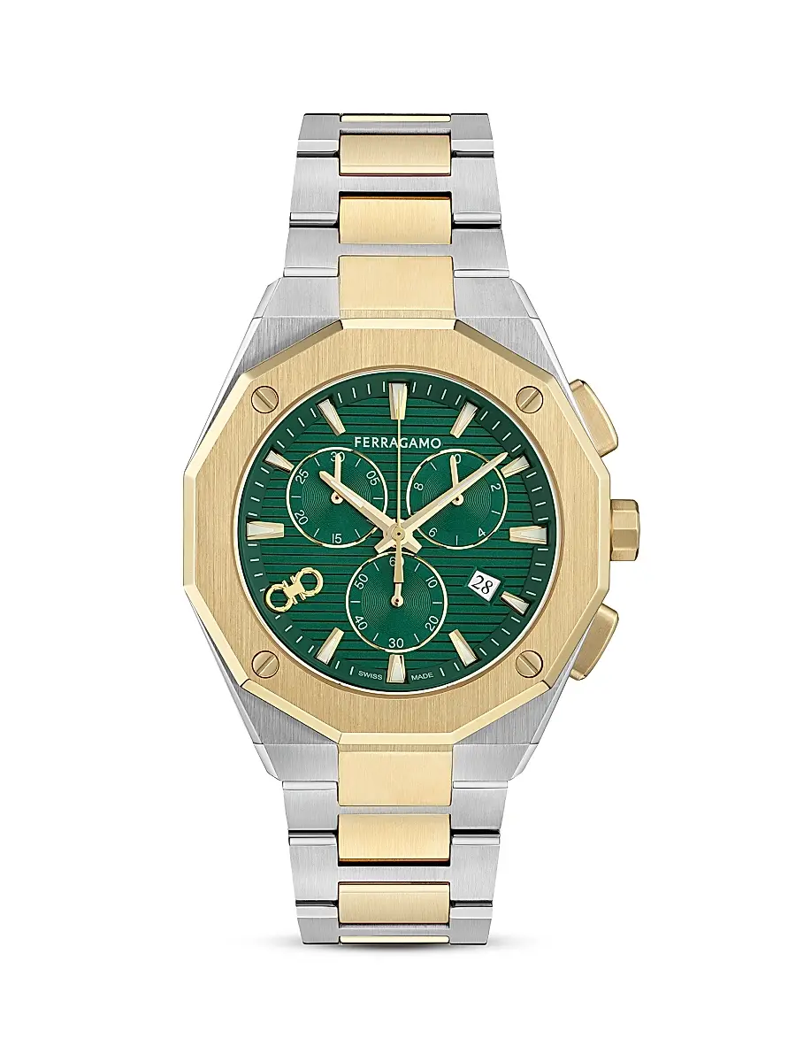 Men's Gancini Goldtone & Silvertone Ion-Plated Stainless Steel Bracelet Watch/42MM - Two Tone Green Dial Men's Gancini Goldtone & Silvertone Ion-Plated Stainless Steel Bracelet Watch/42MM - Two Tone Green Dial