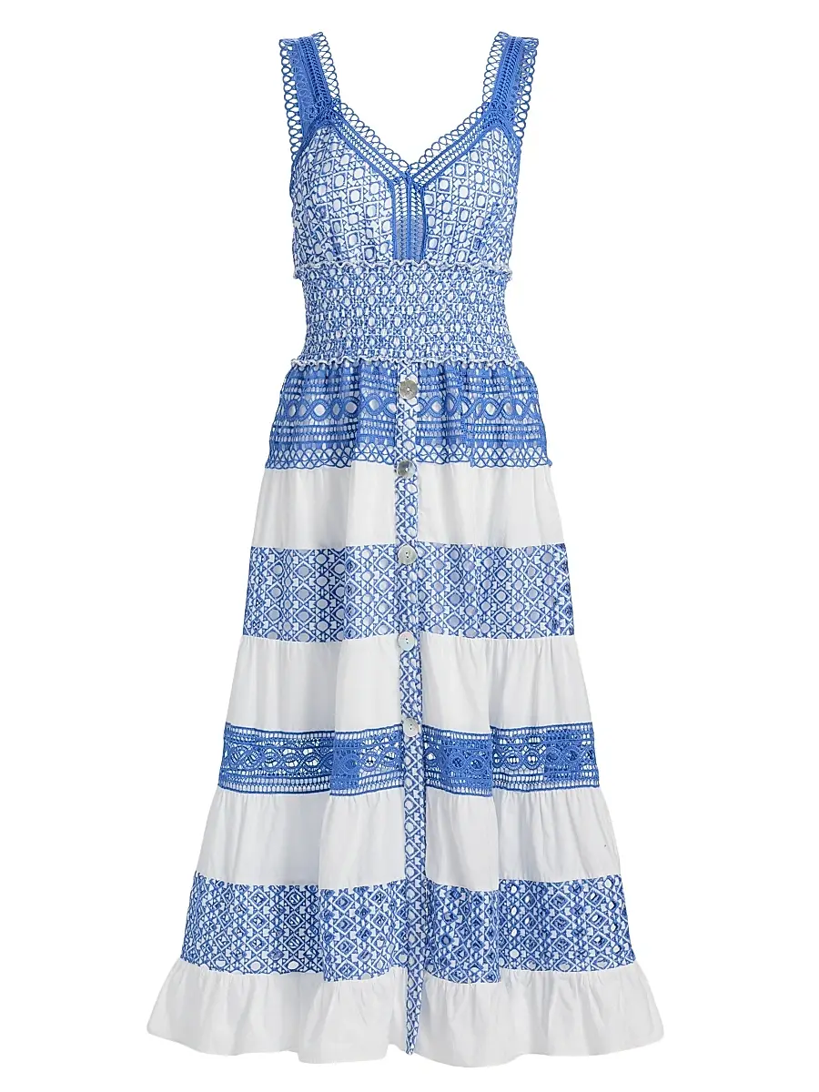 Milly Women's Eyelet-Trim Striped Cotton Midi-Dress