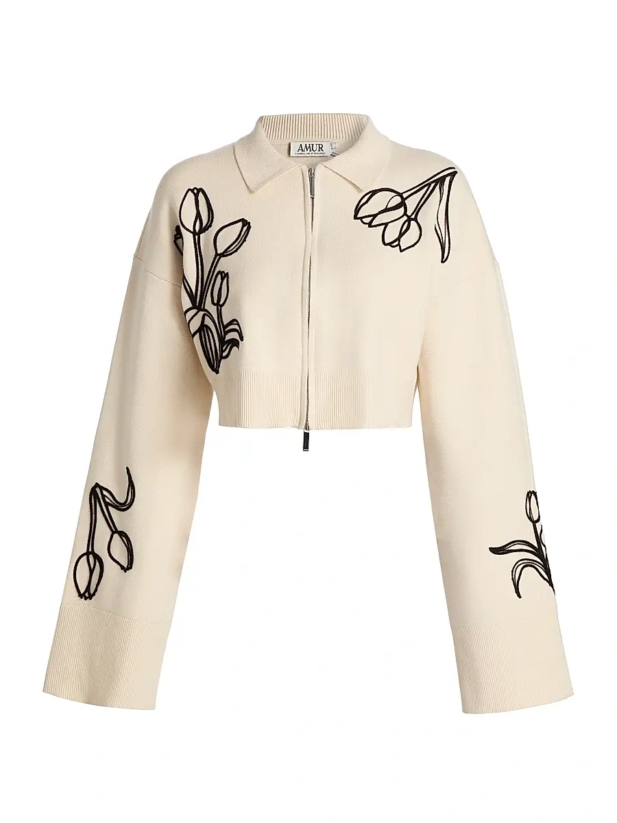 AMUR Women's Rosenna Embroidered Knit Zip-Front Top - Pebble | Image 1 AMUR Women's Rosenna Embroidered Knit Zip-Front Top - Pebble | Image 1
