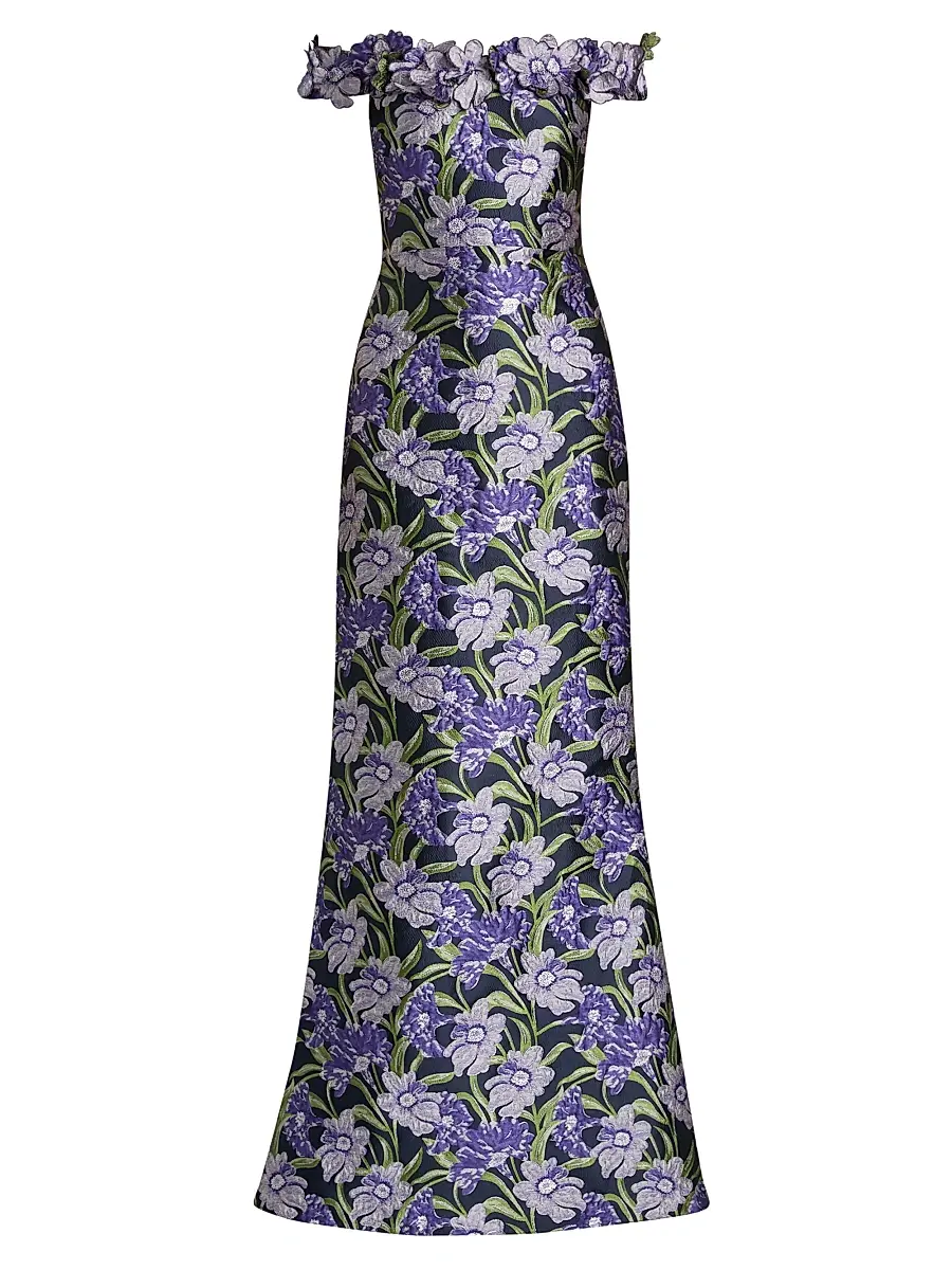 Theia Women's Olyssia Brocade Off-The-Shoulder Gown - Iris Bloom Navy | Image 1 Theia Women's Olyssia Brocade Off-The-Shoulder Gown - Iris Bloom Navy | Image 1