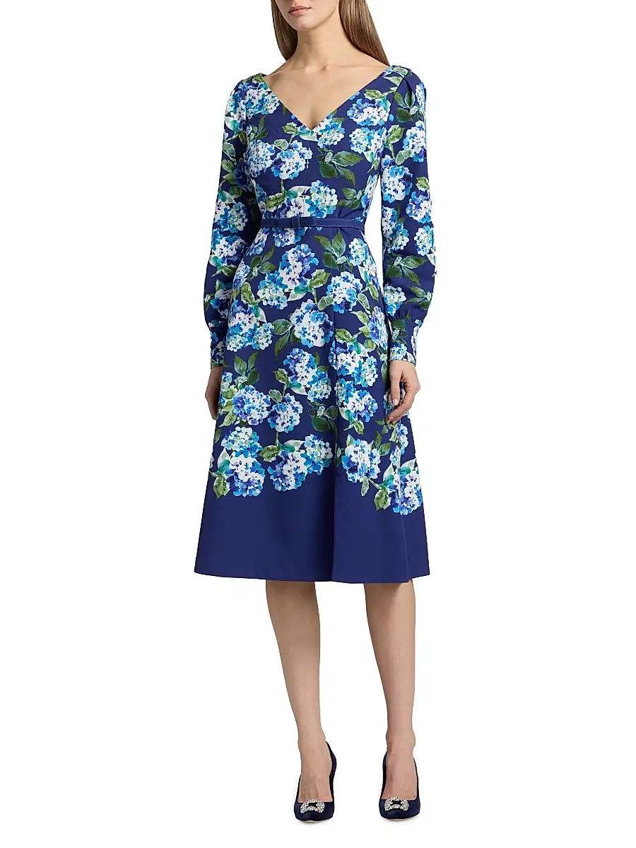 Kay Unger Women's Briony Hydrangea Stretch Crepe Belted Midi-Dress | Thumbnail 2