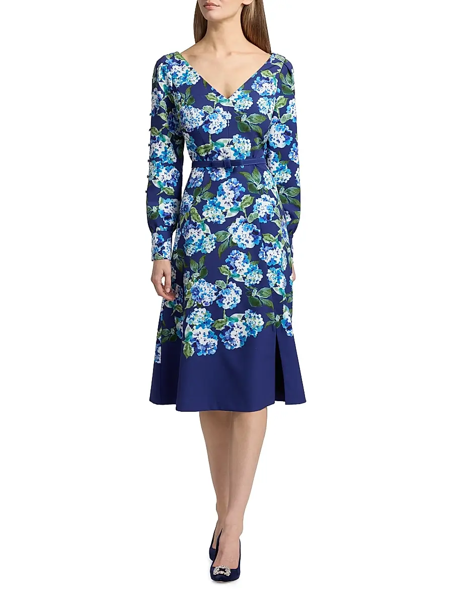 Kay Unger Women's Briony Hydrangea Stretch Crepe Belted Midi-Dress | Thumbnail 3