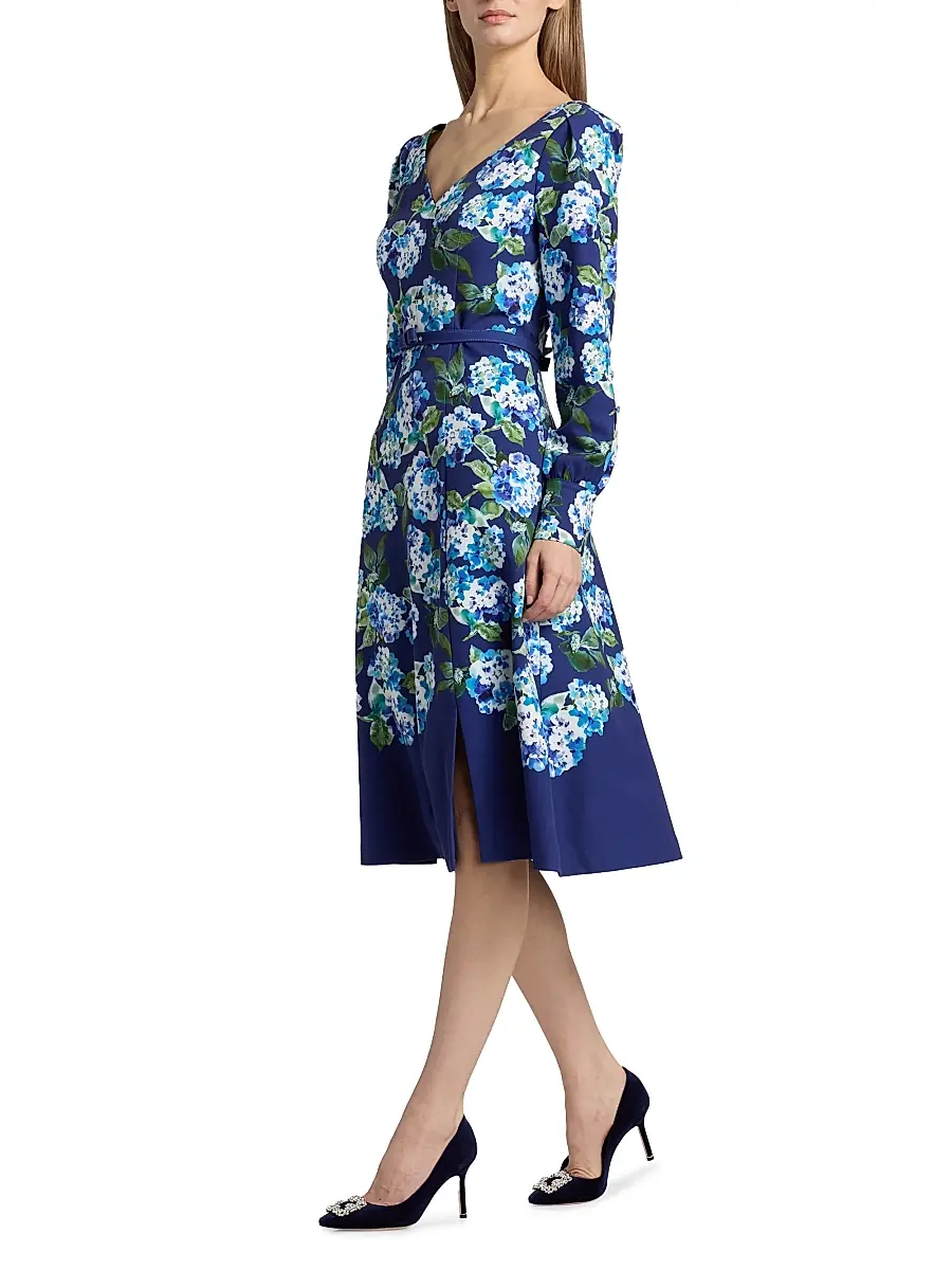 Kay Unger Women's Briony Hydrangea Stretch Crepe Belted Midi-Dress | Thumbnail 4