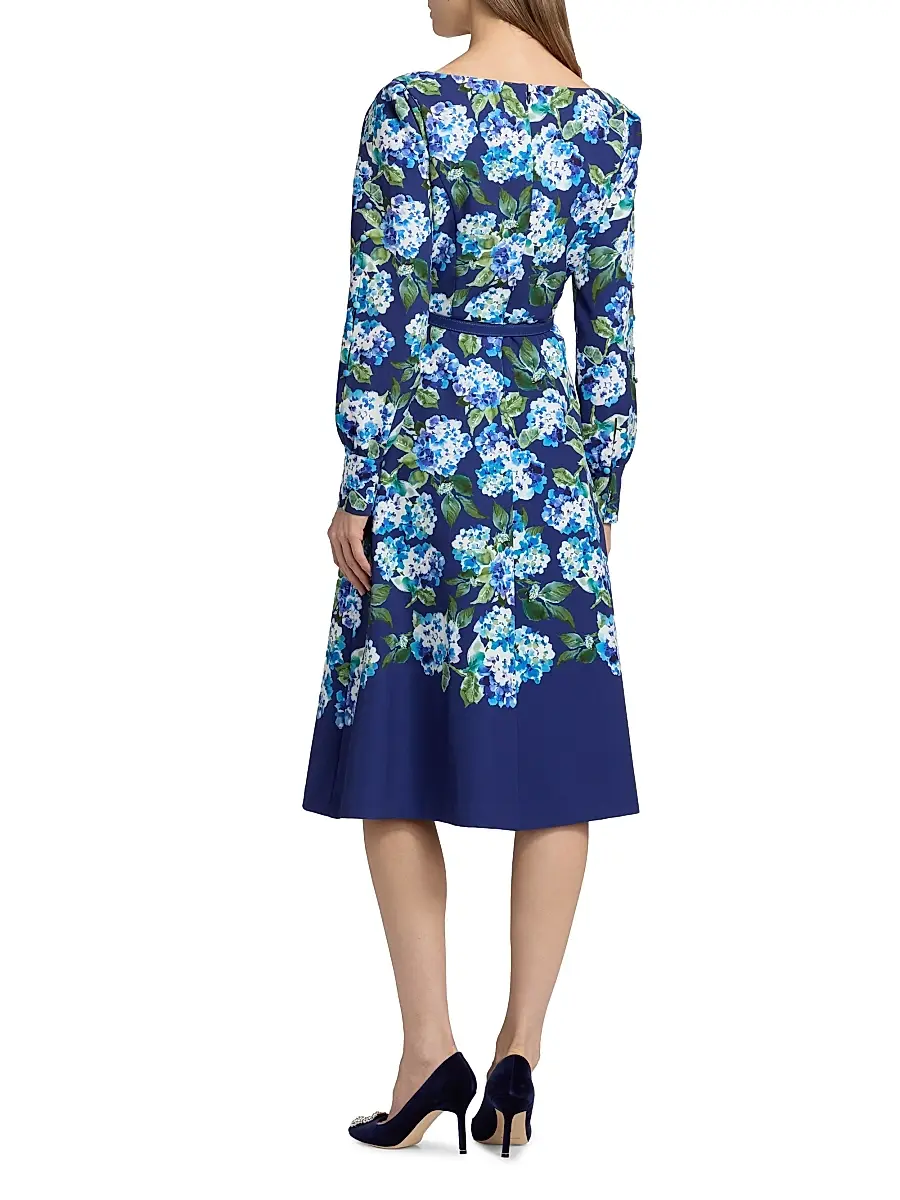 Kay Unger Women's Briony Hydrangea Stretch Crepe Belted Midi-Dress | Thumbnail 5