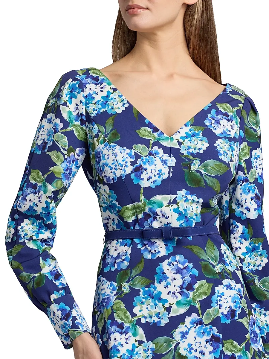 Kay Unger Women's Briony Hydrangea Stretch Crepe Belted Midi-Dress | Thumbnail 6