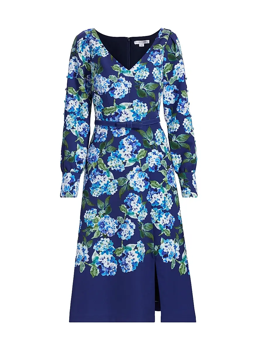 Kay Unger Women's Briony Hydrangea Stretch Crepe Belted Midi-Dress - Deep Navy | Image 1 Kay Unger Women's Briony Hydrangea Stretch Crepe Belted Midi-Dress - Deep Navy | Image 1
