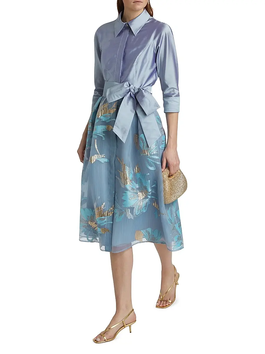 Teri Jon by Rickie Freeman Women's Floral Organza Tie-Waist Cocktail Shirtdress | Thumbnail 2