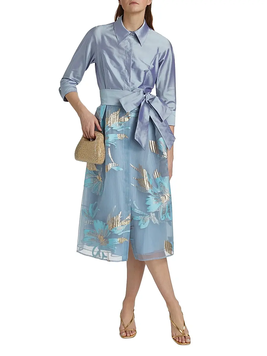 Teri Jon by Rickie Freeman Women's Floral Organza Tie-Waist Cocktail Shirtdress | Thumbnail 3