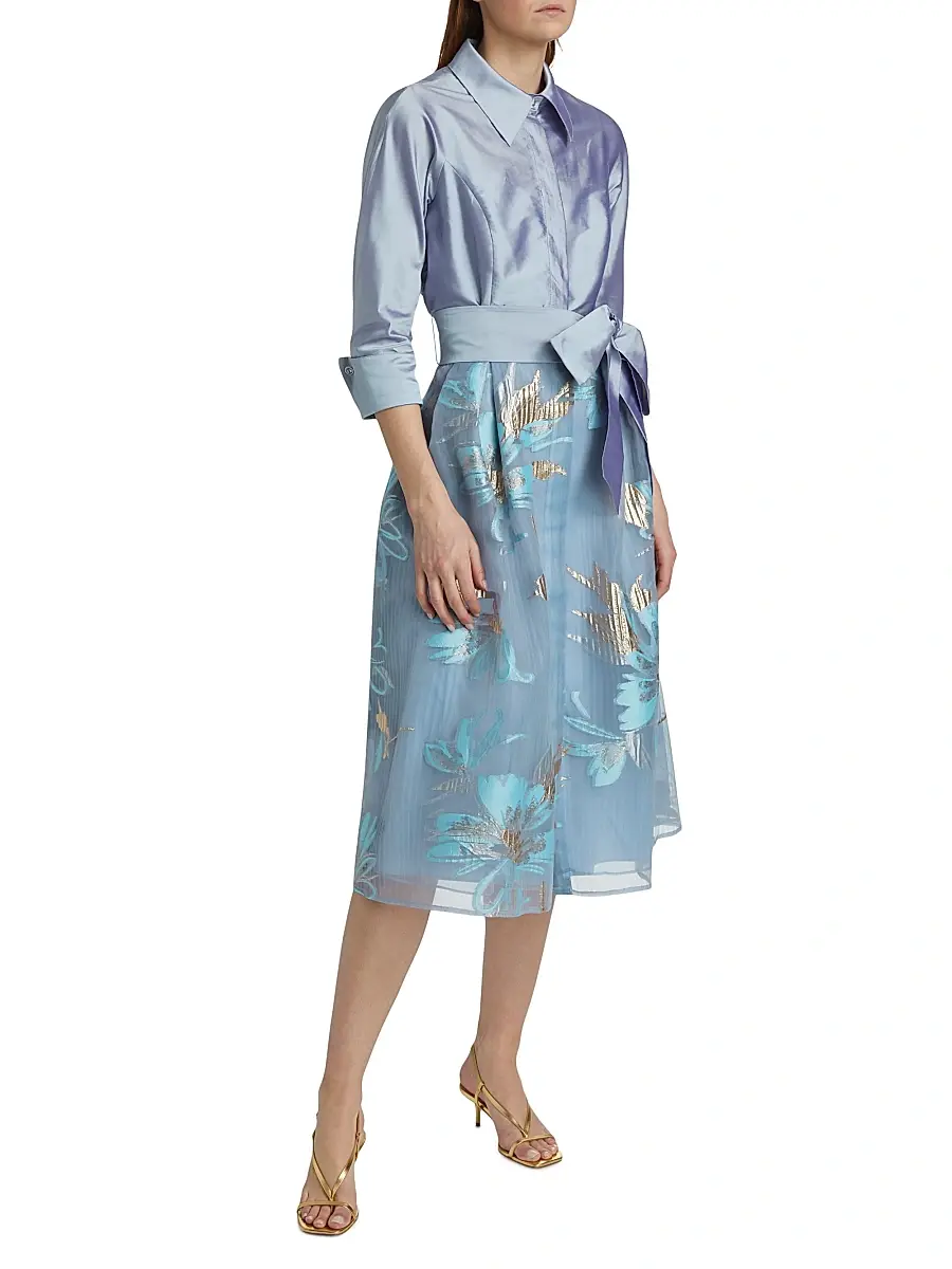 Teri Jon by Rickie Freeman Women's Floral Organza Tie-Waist Cocktail Shirtdress | Thumbnail 4