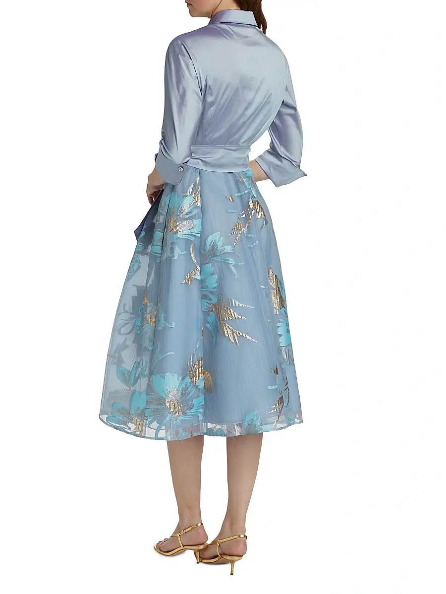 Teri Jon by Rickie Freeman Women's Floral Organza Tie-Waist Cocktail Shirtdress | Thumbnail 5