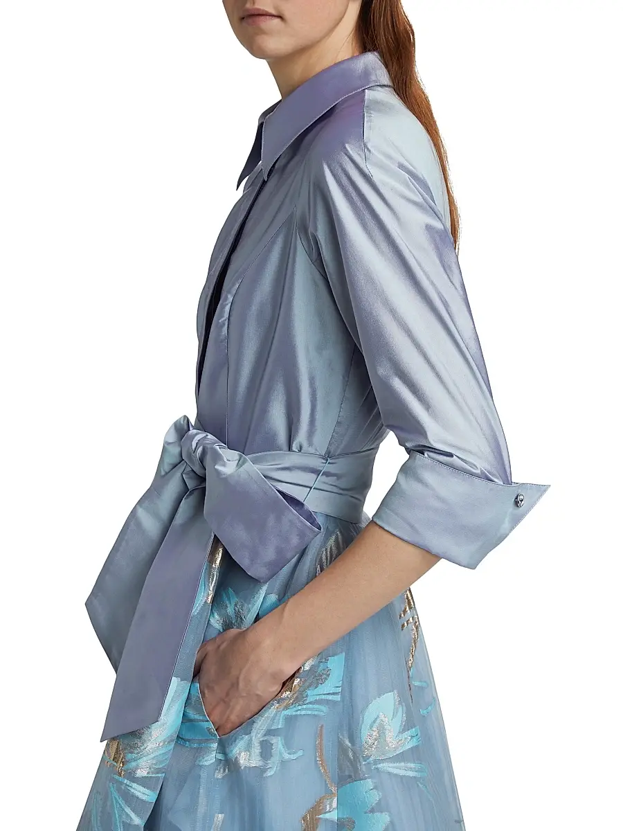 Teri Jon by Rickie Freeman Women's Floral Organza Tie-Waist Cocktail Shirtdress | Thumbnail 6