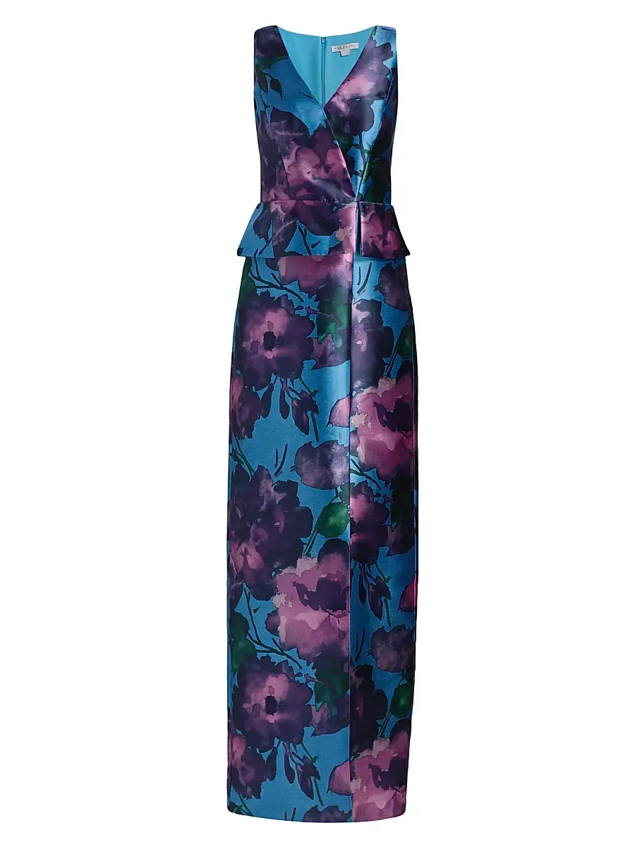 Kay Unger Women's Celeste Floral Mikado Column Gown - Spring Aqua Multi | Image 1 Kay Unger Women's Celeste Floral Mikado Column Gown - Spring Aqua Multi | Image 1