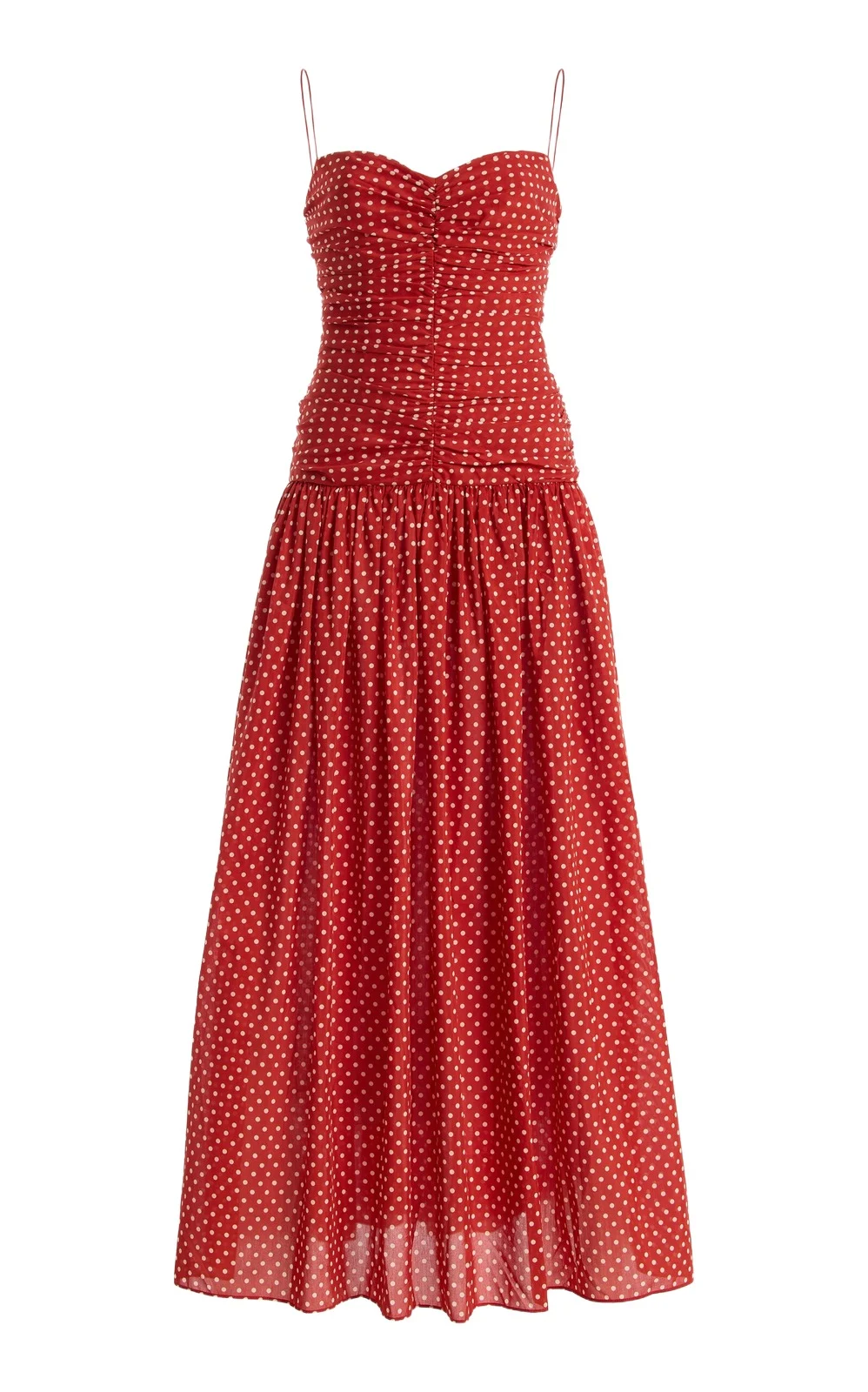 Gathered Polka-Dot Cotton-Silk Drop-Waist Midi Dress Gathered Polka-Dot Cotton-Silk Drop-Waist Midi Dress