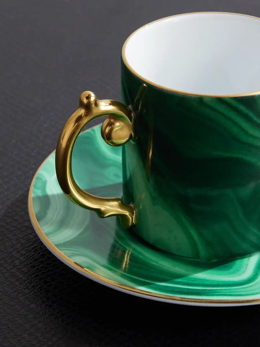 L'Objet Malachite Set of Two Gold-Plated Porcelain Espresso Cups and Saucers - Men | Thumbnail 3 L'Objet Malachite Set of Two Gold-Plated Porcelain Espresso Cups and Saucers - Men | Thumbnail 3