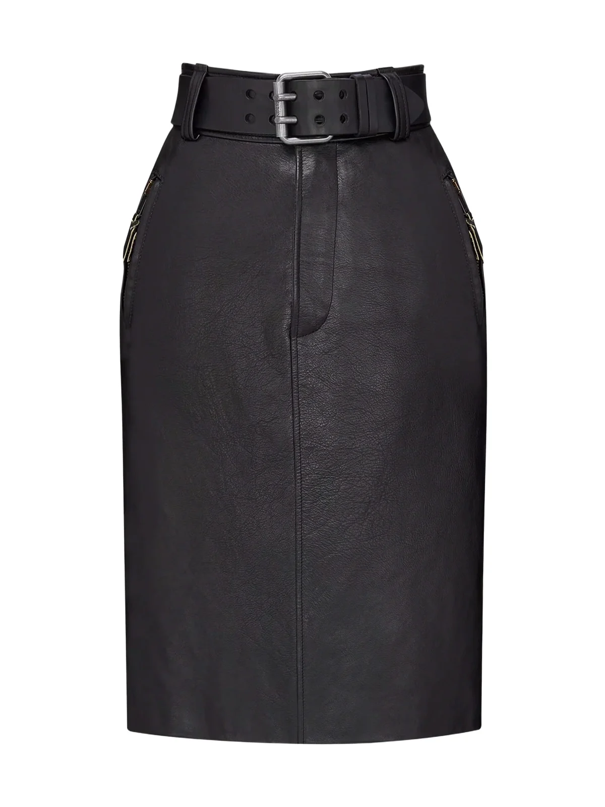 Grained Leather Belted Pencil Skirt