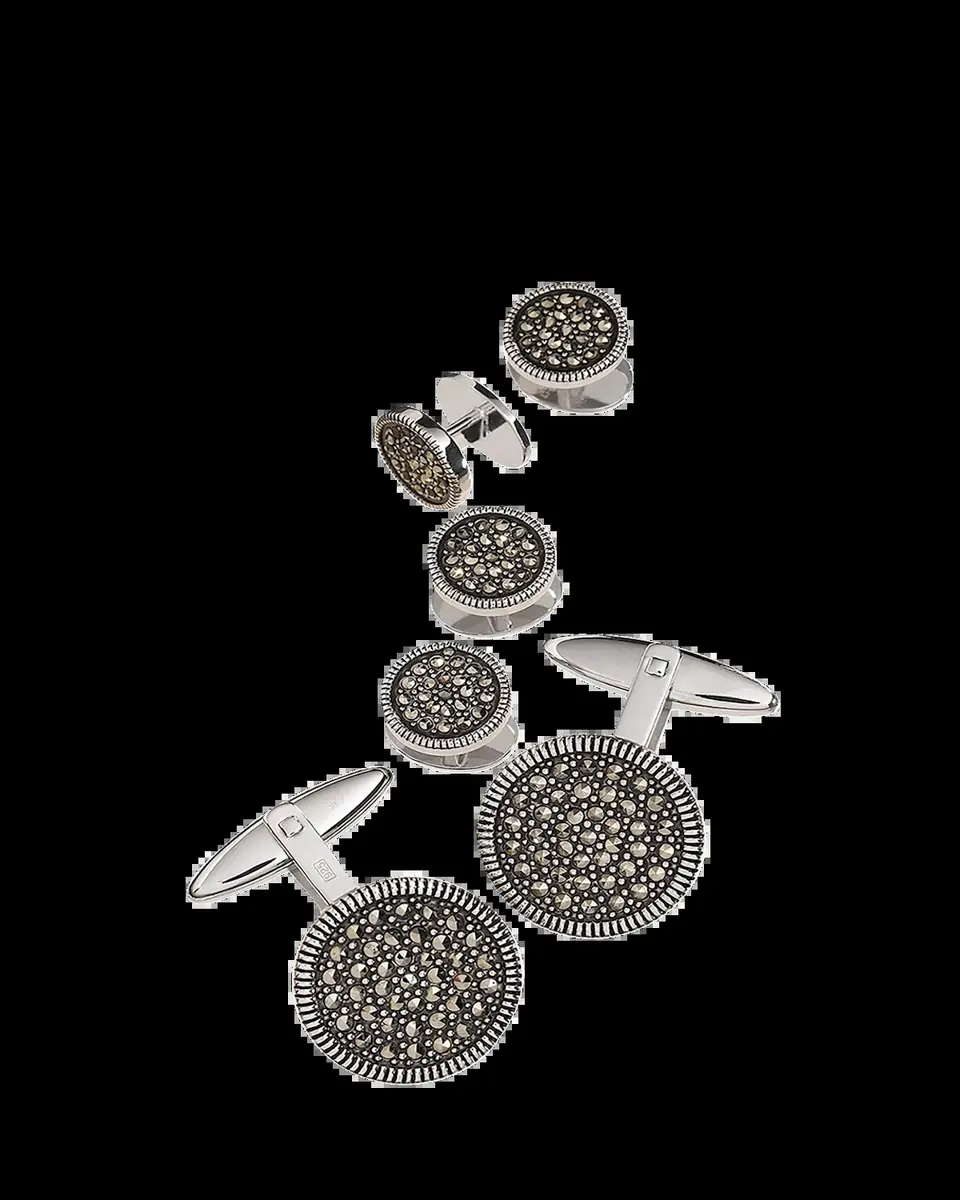Jan Leslie Round Marcasite Cuff Link and Stud Set | Thumbnail 2