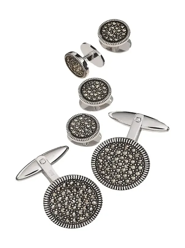 Jan Leslie Round Marcasite Cuff Link and Stud Set