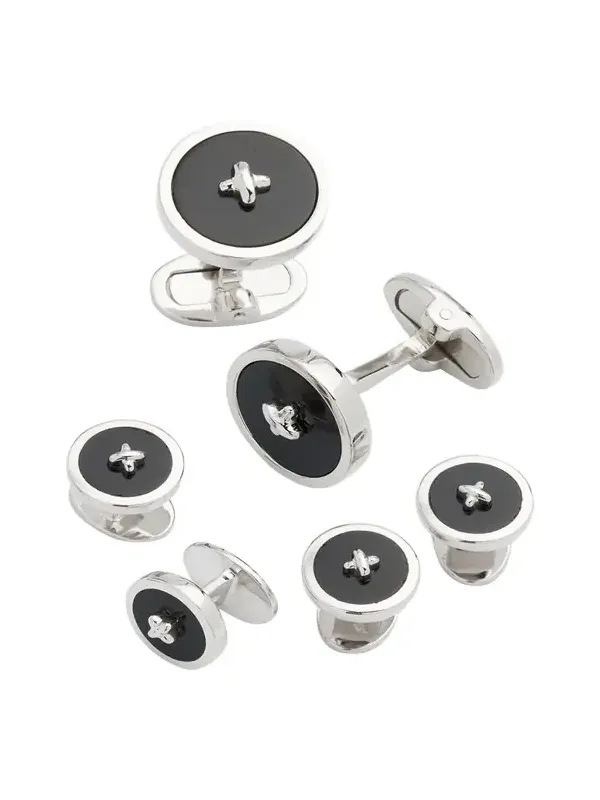Jan Leslie Classic Button Onyx Cufflinks %26 Studs Set