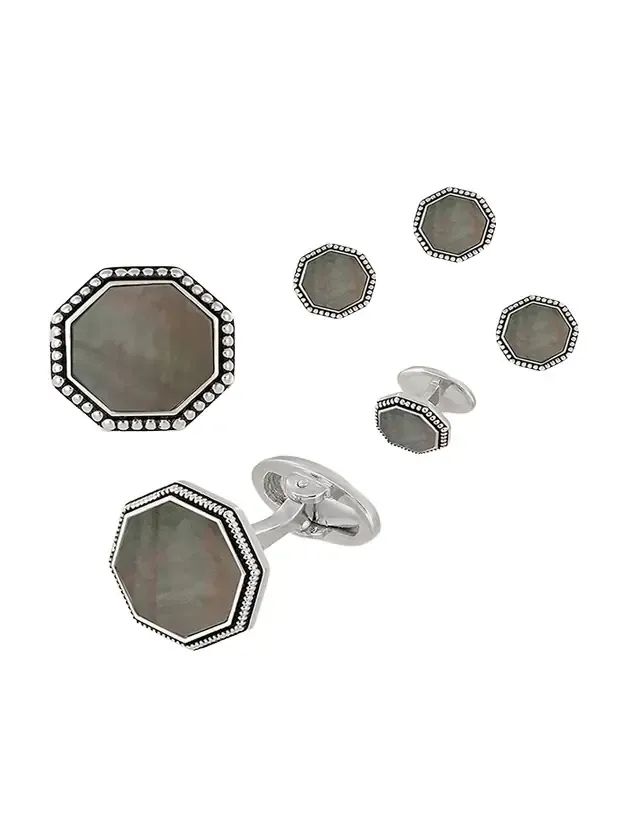 Jan Leslie Beaded Octagonal Mother-of-Pearl Cuff Links Studs Set