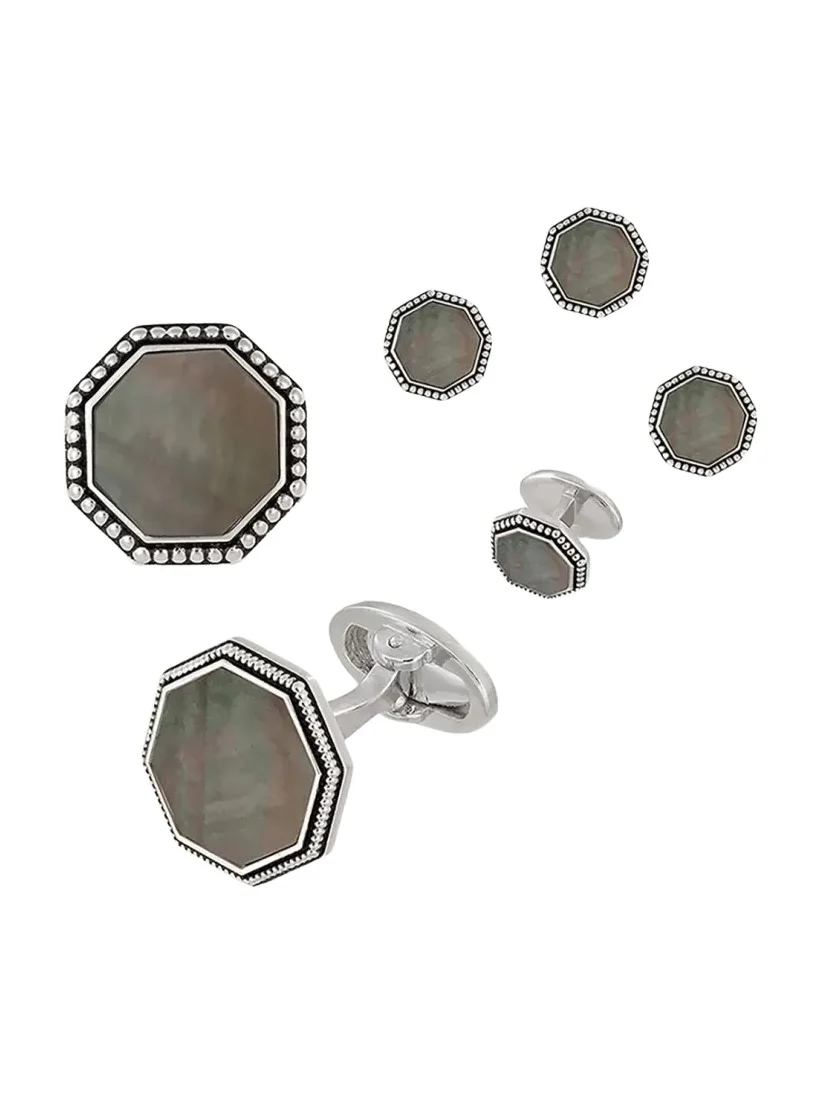 Jan Leslie Beaded Octagonal Mother-of-Pearl Cuff Links Studs Set