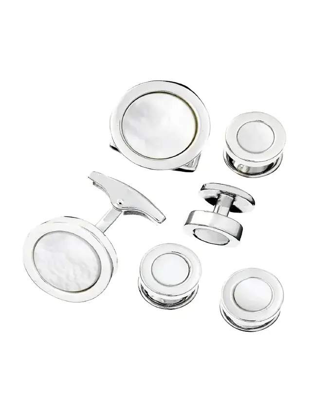 Jan Leslie Men's 925 Round Mother-of-Pearl Cufflink Stud Set