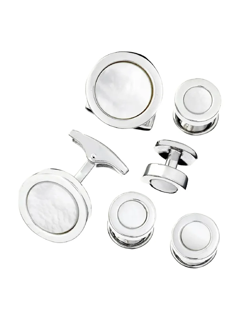 Jan Leslie Men's 925 Round Mother-of-Pearl Cufflink Stud Set