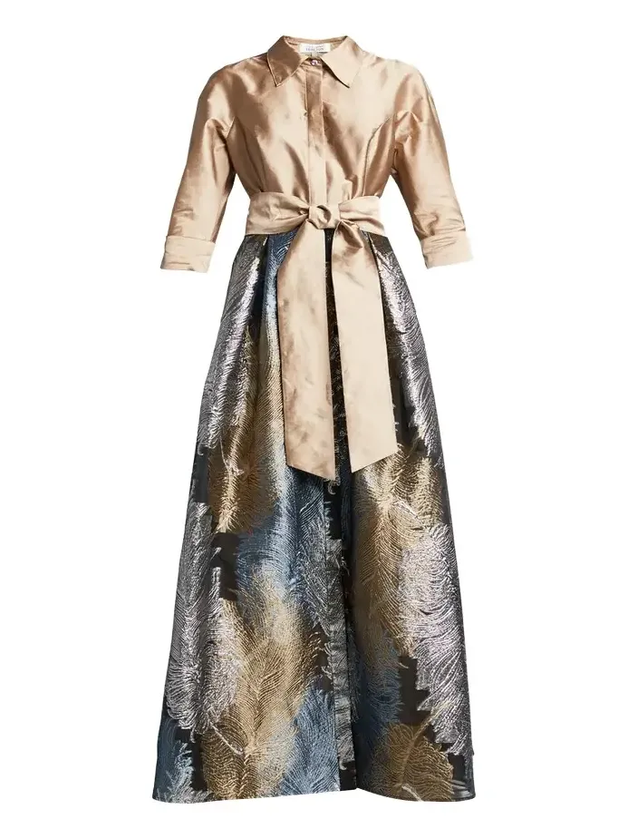 Taffeta Shirtdress w/ Feather Metallic Jacquard Taffeta Shirtdress w/ Feather Metallic Jacquard