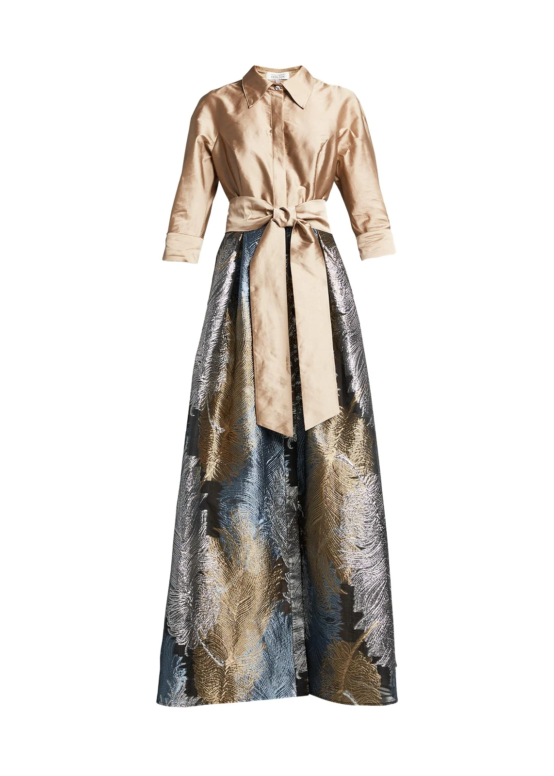 Taffeta Shirtdress w/ Feather Metallic Jacquard Taffeta Shirtdress w/ Feather Metallic Jacquard