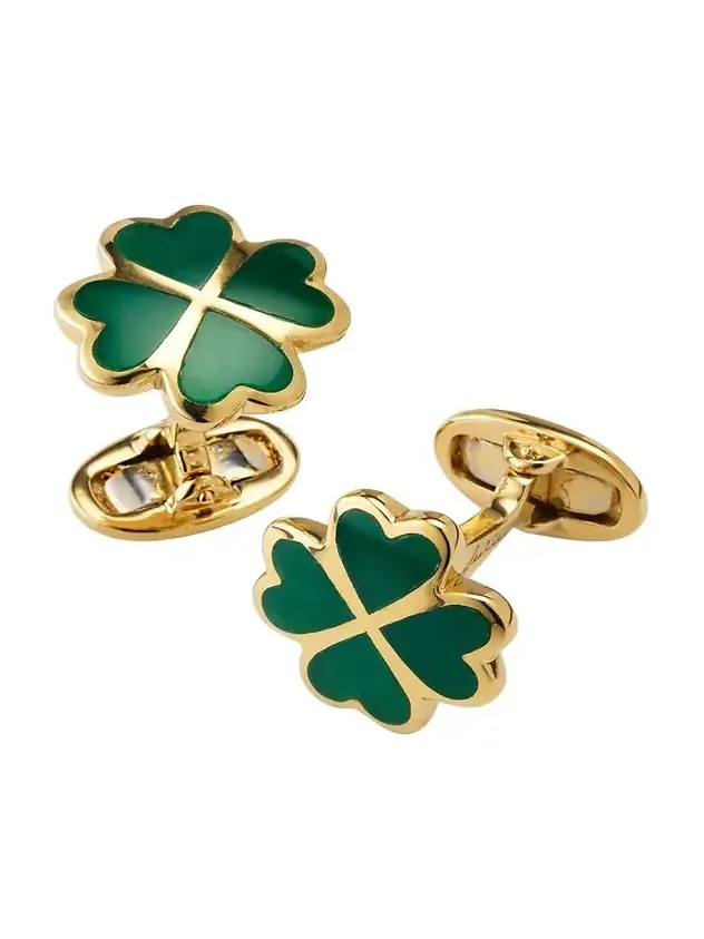 Jan Leslie Men's Gold Vermeil and Green Onyx Four Leaf Clover Cufflinks
