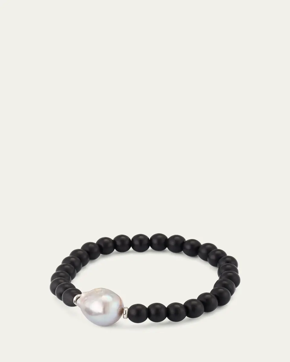 Jan Leslie Men's Black Onyx Beaded Bracelet with Pearl Center | Thumbnail 4