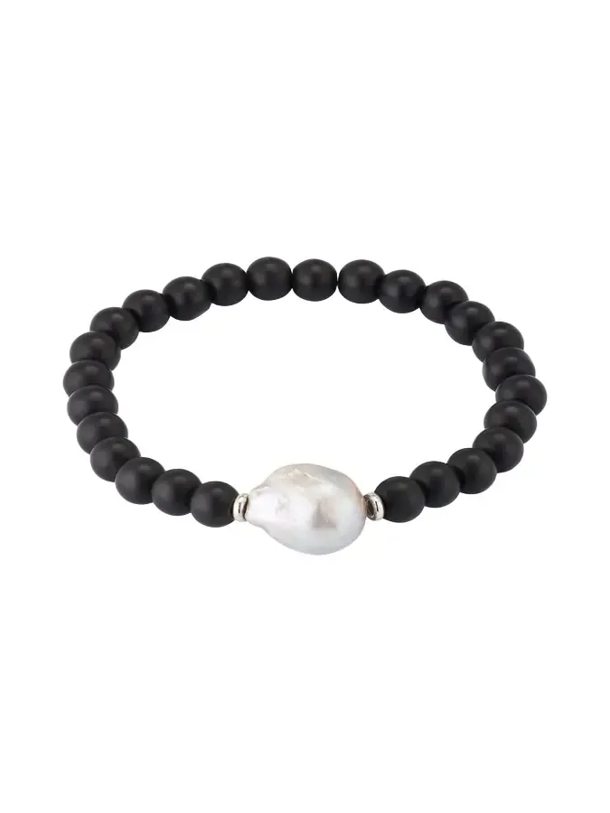Jan Leslie Men's Black Onyx Beaded Bracelet with Pearl Center