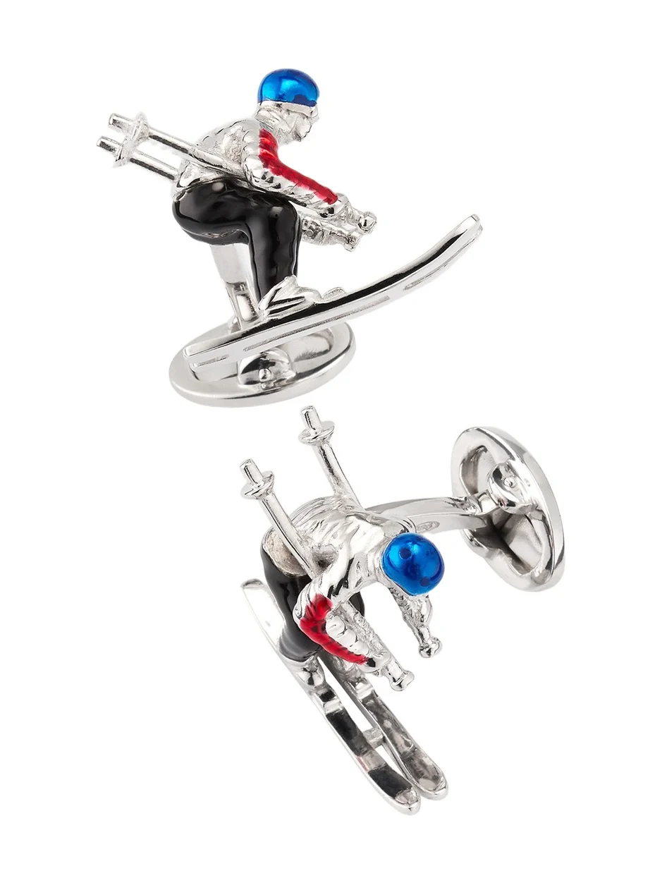 Jan Leslie Men's Sterling Silver Enamel Moving Skier Cufflinks