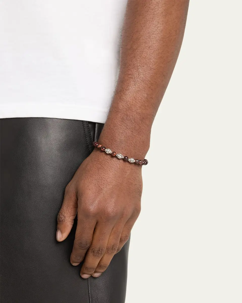 Jan Leslie Men's Red Tiger's Eye Beaded Bracelet with Sterling Silver | Thumbnail 2