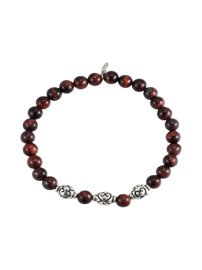 Jan Leslie Men's Red Tiger's Eye Beaded Bracelet with Sterling Silver