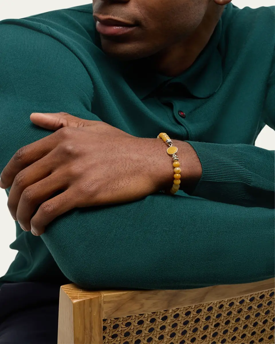 Jan Leslie Men's Yellow Jade Beaded Bracelet with Sterling Silver | Thumbnail 5
