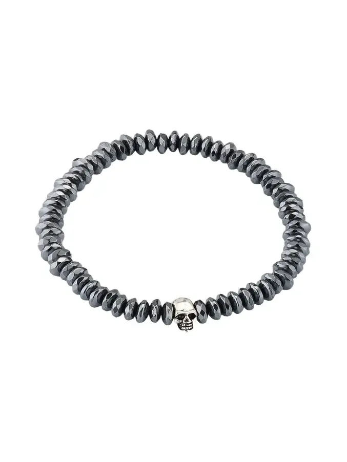 Jan Leslie Men's Hematite Beaded Bracelet with Sterling Silver Skull