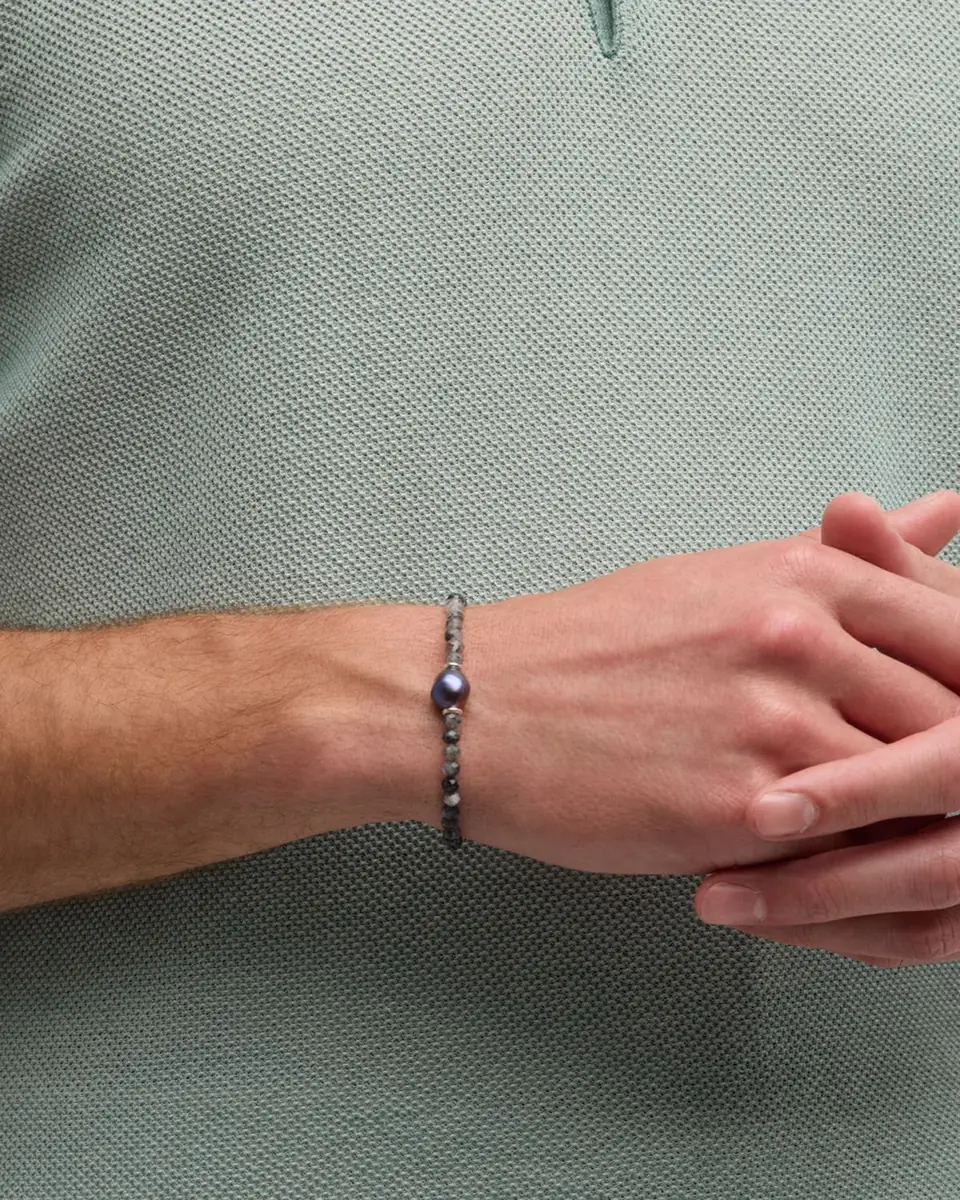 Jan Leslie Men's Rutliated Quartz Beaded Bracelet with Grey Pearl | Thumbnail 2