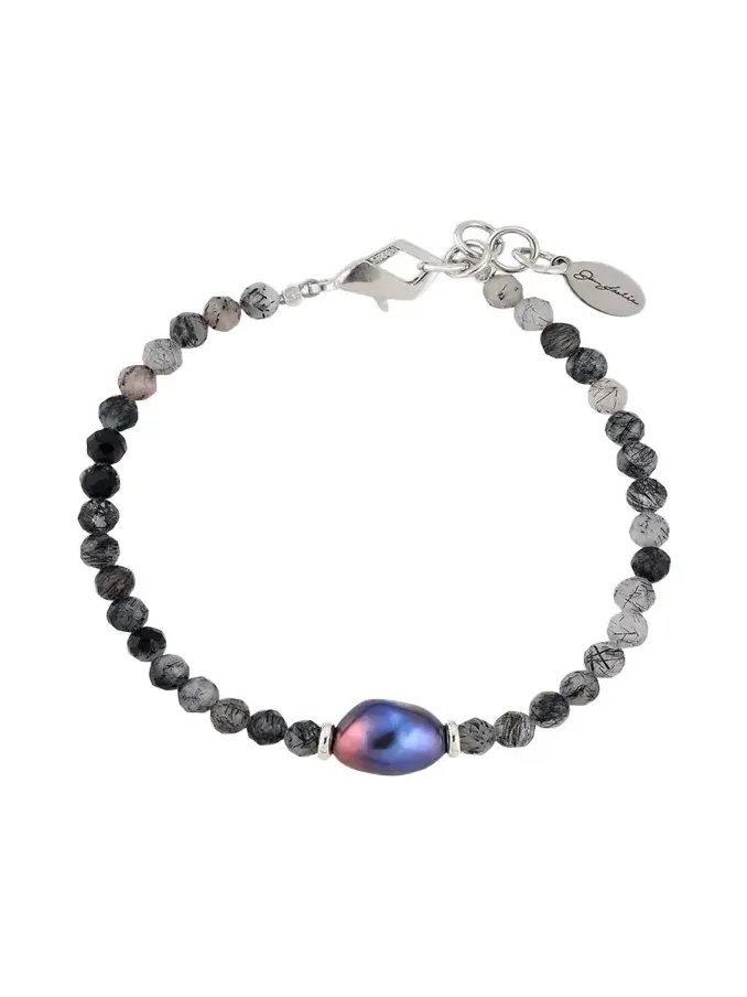 Jan Leslie Men's Rutliated Quartz Beaded Bracelet with Grey Pearl