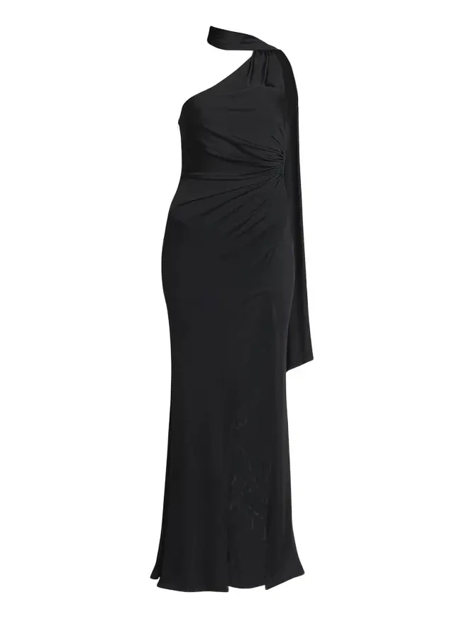 One-Shoulder Scarf-Neck Ruched Slit Gown One-Shoulder Scarf-Neck Ruched Slit Gown