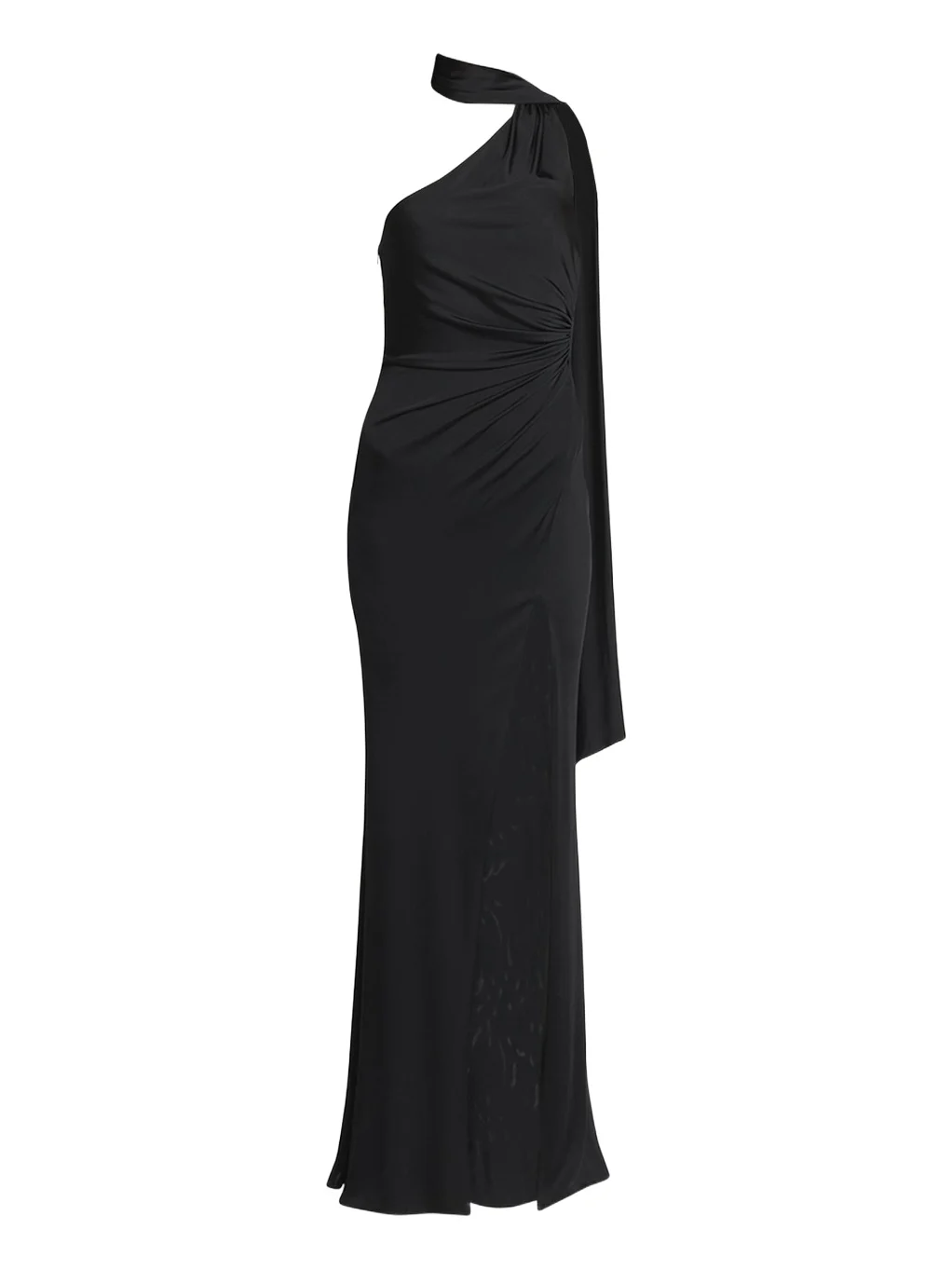 One-Shoulder Scarf-Neck Ruched Slit Gown One-Shoulder Scarf-Neck Ruched Slit Gown